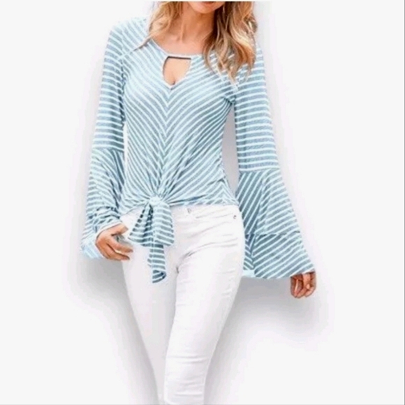 Venus Bell Sleeve Cutout Tie Front Light Blue White Striped Top Size Medium - Picture 1 of 12
